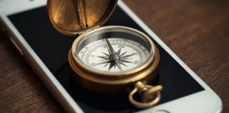 Una bussola dorata sopra uno smartphone, metafora della strategia di comunicazione