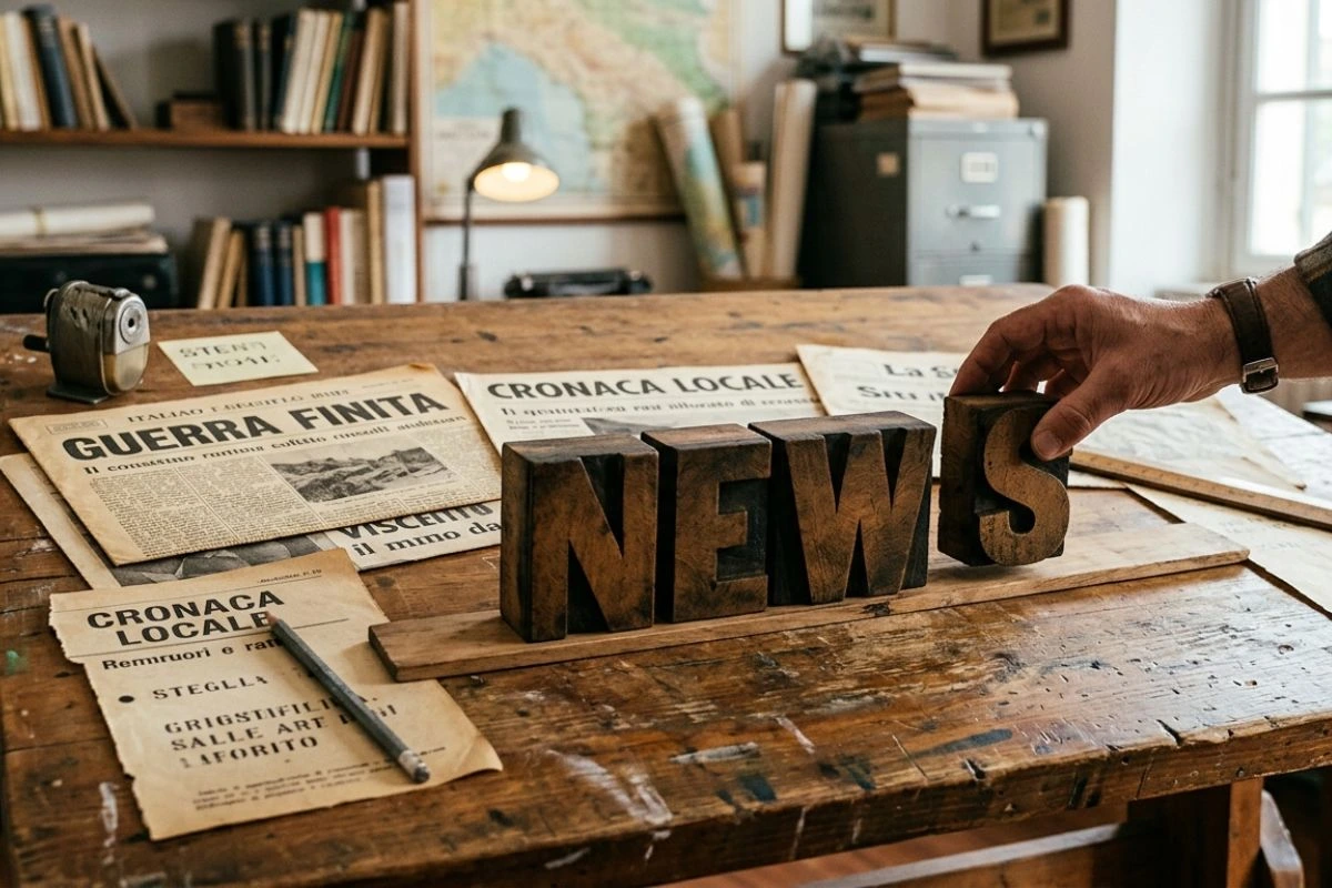 Blocchi di legno che formano la parola News su un tavolo da lavoro