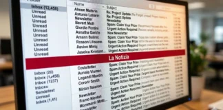 Schermo di un computer con migliaia di email e una sola evidenziata in rosso