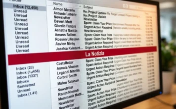 Schermo di un computer con migliaia di email e una sola evidenziata in rosso