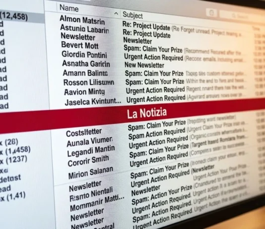 Schermo di un computer con migliaia di email e una sola evidenziata in rosso