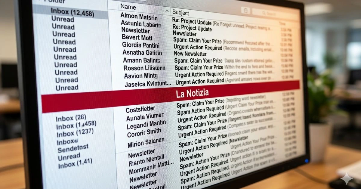 Schermo di un computer con migliaia di email e una sola evidenziata in rosso