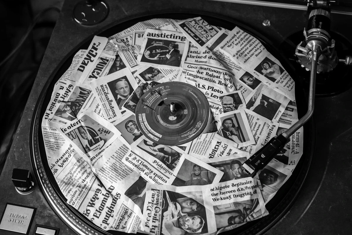 Un giradischi che suona un disco fatto di ritagli di giornale politici. 