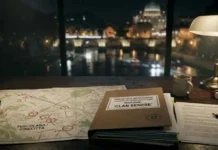 Cos’è il clan Senese di Roma, l’ascesa inarrestabile tra moda e ristorazione: dalla Campania alla conquista di Roma Interno di un ristorante di lusso a Roma con un contratto societario sul tavolo e vista sfocata sul Colosseo, stile noir investigativo