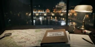 Interno di un ristorante di lusso a Roma con un contratto societario sul tavolo e vista sfocata sul Colosseo, stile noir investigativo