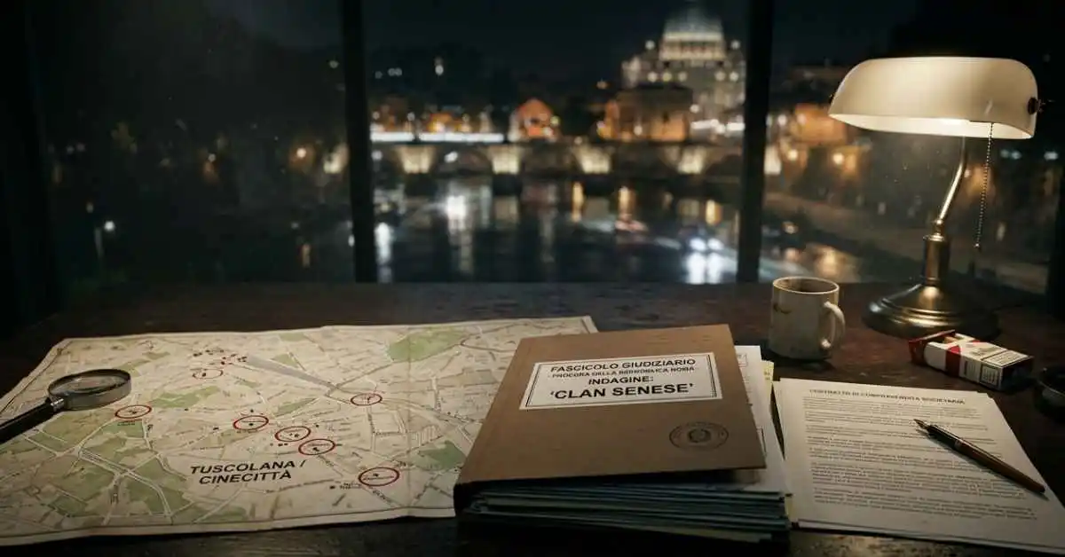 Interno di un ristorante di lusso a Roma con un contratto societario sul tavolo e vista sfocata sul Colosseo, stile noir investigativo