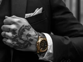 Primo piano cinematografico di una mano tatuata che stringe il bavero di una giacca sartoriale di alta qualità, con un orologio al polso, su uno sfondo di un vicolo urbano sfocato con graffiti.