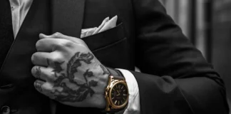 Primo piano cinematografico di una mano tatuata che stringe il bavero di una giacca sartoriale di alta qualità, con un orologio al polso, su uno sfondo di un vicolo urbano sfocato con graffiti.