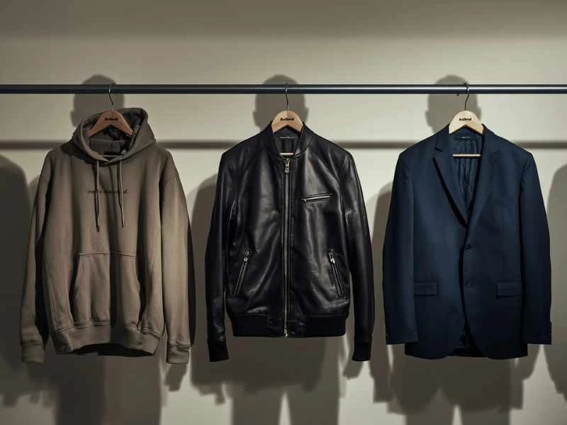 Tre capi d'abbigliamento appesi (una felpa beige con cappuccio, un giubbotto di pelle nero e un completo blu notte) che proiettano ombre umane su una parete bianca