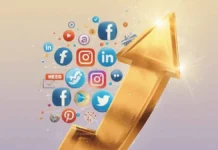 Illustrazione di una freccia dorata che punta verso l'alto collegando le icone social e le icone di vendita