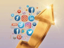 Illustrazione di una freccia dorata che punta verso l'alto collegando le icone social e le icone di vendita