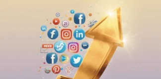 Illustrazione di una freccia dorata che punta verso l'alto collegando le icone social e le icone di vendita
