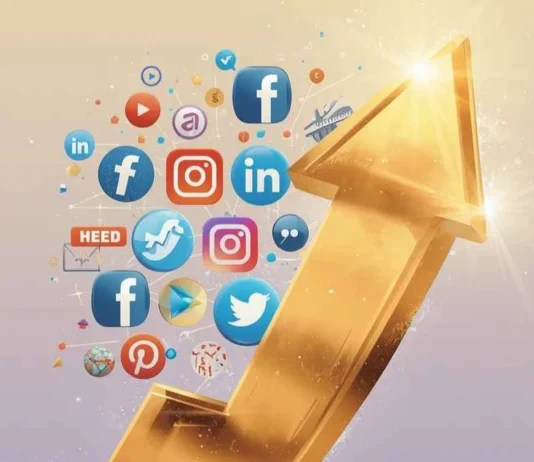 Illustrazione di una freccia dorata che punta verso l'alto collegando le icone social e le icone di vendita