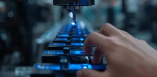 Primo piano di un macchinario ad alta precisione con luci blu