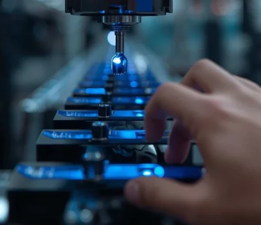 Primo piano di un macchinario ad alta precisione con luci blu