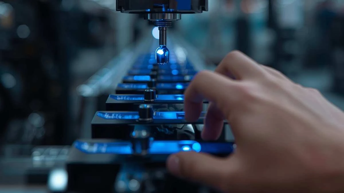 Primo piano di un macchinario ad alta precisione con luci blu