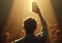 Uomo di spalle solleva uno smartphone che proietta un'ombra sacra su una folla di persone in penombra, tutte chinate sui propri schermi