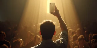 Uomo di spalle solleva uno smartphone che proietta un'ombra sacra su una folla di persone in penombra, tutte chinate sui propri schermi