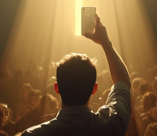 Uomo di spalle solleva uno smartphone che proietta un'ombra sacra su una folla di persone in penombra, tutte chinate sui propri schermi