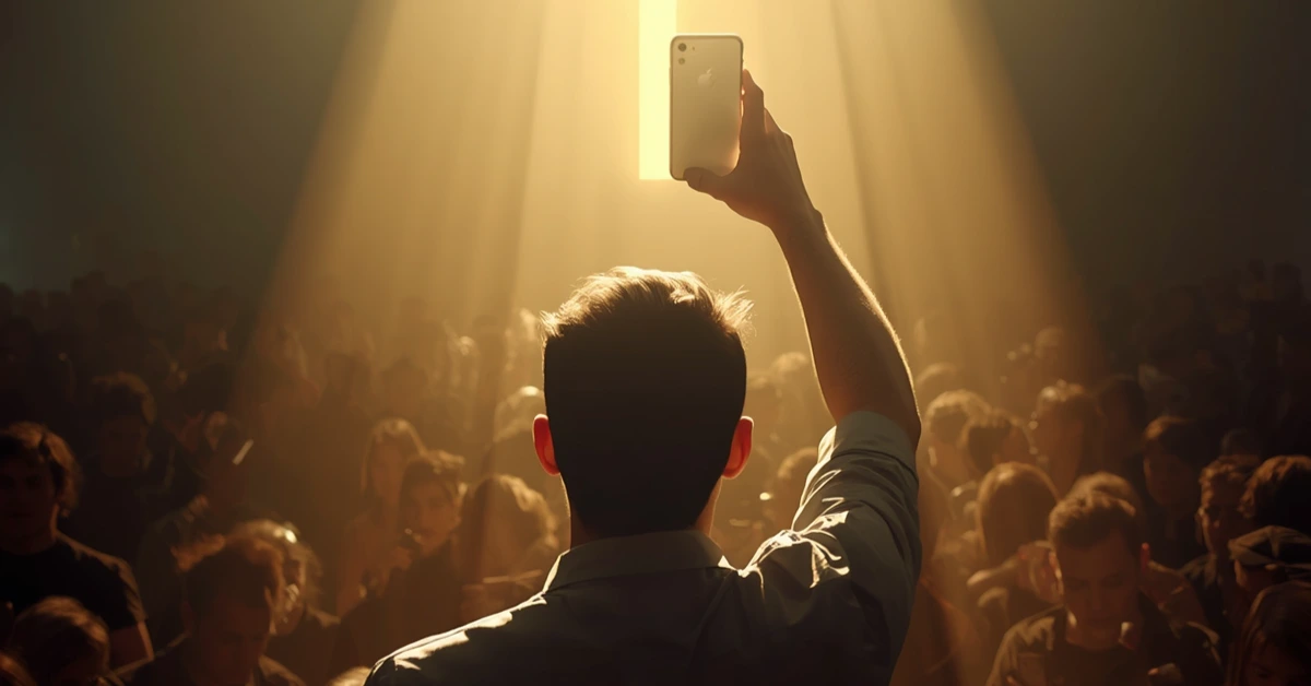 Uomo di spalle solleva uno smartphone che proietta un'ombra sacra su una folla di persone in penombra, tutte chinate sui propri schermi