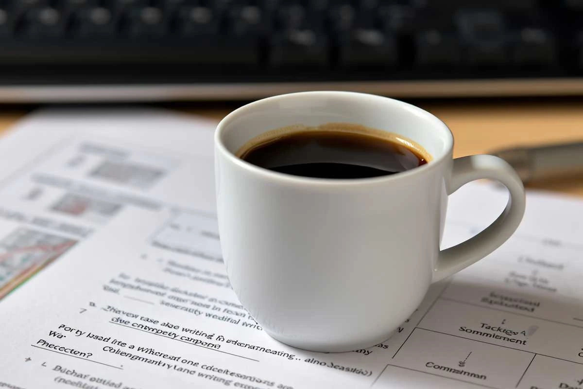 Tazzina di caffè su un documento di brief scritto, simbolo di un accordo professionale chiaro