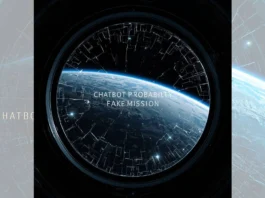 Primo piano di un oblò spaziale con vista sulla Terra in 4K, ma il vetro è coperto da una rete di crepe digitali e una scritta glowing che etichetta la missione come "FAKE" basata sul consenso online