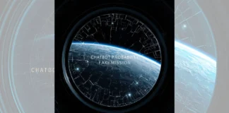 Primo piano di un oblò spaziale con vista sulla Terra in 4K, ma il vetro è coperto da una rete di crepe digitali e una scritta glowing che etichetta la missione come "FAKE" basata sul consenso online