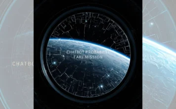 Primo piano di un oblò spaziale con vista sulla Terra in 4K, ma il vetro è coperto da una rete di crepe digitali e una scritta glowing che etichetta la missione come "FAKE" basata sul consenso online