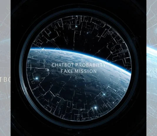 Primo piano di un oblò spaziale con vista sulla Terra in 4K, ma il vetro è coperto da una rete di crepe digitali e una scritta glowing che etichetta la missione come "FAKE" basata sul consenso online