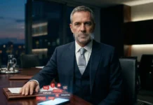 Manager con bocca pixelata davanti a uno smartphone con notifiche di crisi, simbolo di silenzio strategico