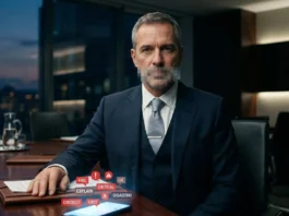 Manager con bocca pixelata davanti a uno smartphone con notifiche di crisi, simbolo di silenzio strategico