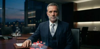 Manager con bocca pixelata davanti a uno smartphone con notifiche di crisi, simbolo di silenzio strategico