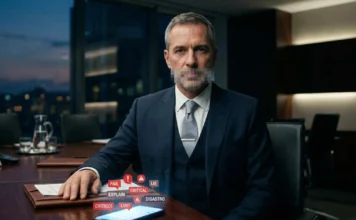 Manager con bocca pixelata davanti a uno smartphone con notifiche di crisi, simbolo di silenzio strategico