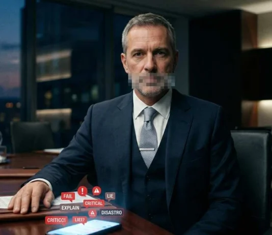 Manager con bocca pixelata davanti a uno smartphone con notifiche di crisi, simbolo di silenzio strategico