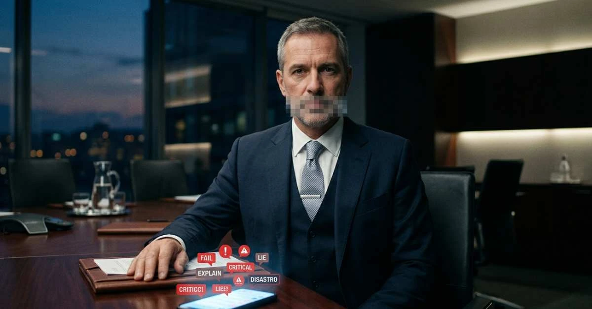 Manager con bocca pixelata davanti a uno smartphone con notifiche di crisi, simbolo di silenzio strategico