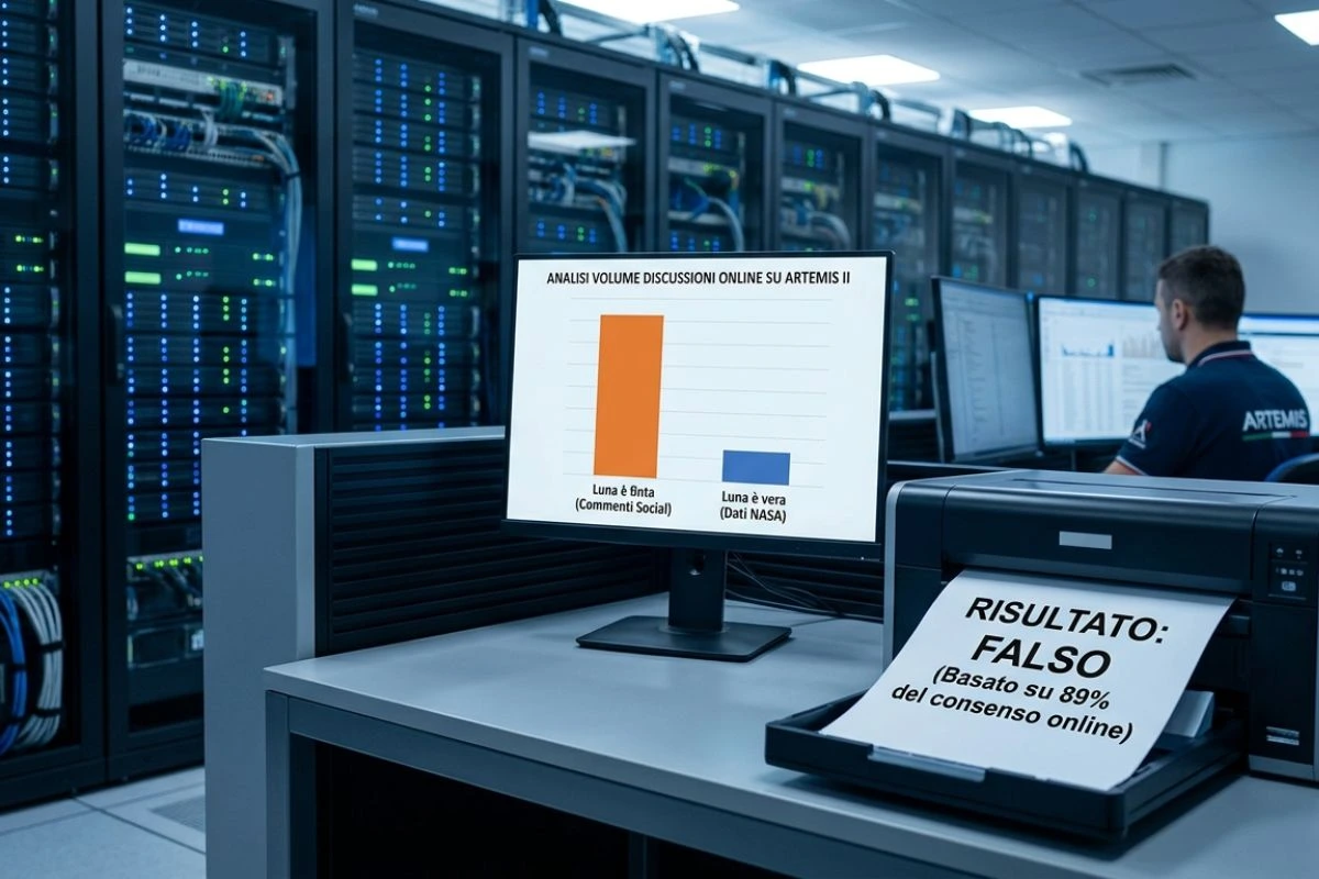 Interno di un datacenter con schermi che mostrano grafici a barre del volume di commenti social sulla missione Artemis, con l'IA che stampa un risultato "falso" basato sul consenso online. 