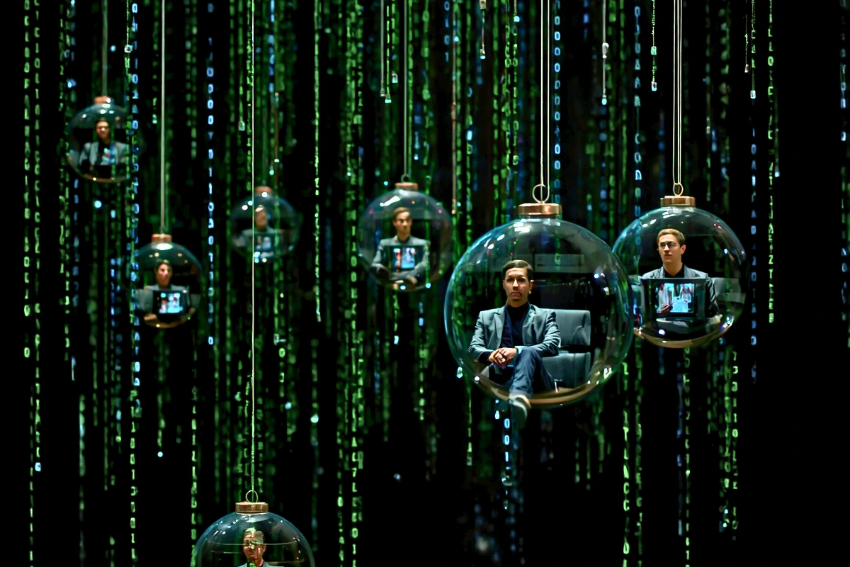 Serie di bolle di vetro sospese nel vuoto che contengono persone isolate intente a guardare video di un guru, circondate da una pioggia di codice binario, rappresentazione visiva delle Echo Chambers.