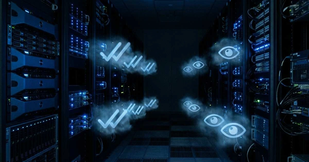 Icone di messaggi visualizzati che fluttuano in una stanza server, metafora del ghosting aziendale