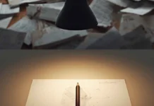 Scrivania da designer con caos sullo sfondo e un unico progetto nitido in primo piano, simbolo di selezione strategica