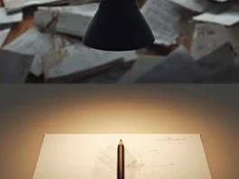 Scrivania da designer con caos sullo sfondo e un unico progetto nitido in primo piano, simbolo di selezione strategica