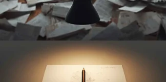 Scrivania da designer con caos sullo sfondo e un unico progetto nitido in primo piano, simbolo di selezione strategica