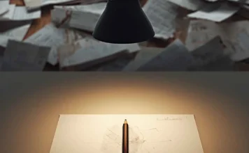 Scrivania da designer con caos sullo sfondo e un unico progetto nitido in primo piano, simbolo di selezione strategica