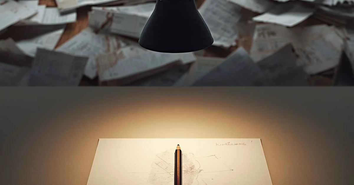 Scrivania da designer con caos sullo sfondo e un unico progetto nitido in primo piano, simbolo di selezione strategica