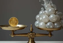 Meglio mille follower veri o un milione di “fantasmi”? Una bilancia che pesa una moneta d'oro contro una montagna di palloncini trasparenti, metafora della qualità contro la quantità nei social.