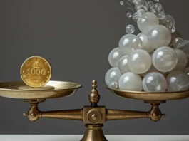 Una bilancia che pesa una moneta d'oro contro una montagna di palloncini trasparenti, metafora della qualità contro la quantità nei social.