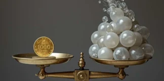 Una bilancia che pesa una moneta d'oro contro una montagna di palloncini trasparenti, metafora della qualità contro la quantità nei social.