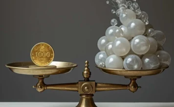 Una bilancia che pesa una moneta d'oro contro una montagna di palloncini trasparenti, metafora della qualità contro la quantità nei social.