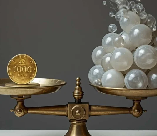 Una bilancia che pesa una moneta d'oro contro una montagna di palloncini trasparenti, metafora della qualità contro la quantità nei social.