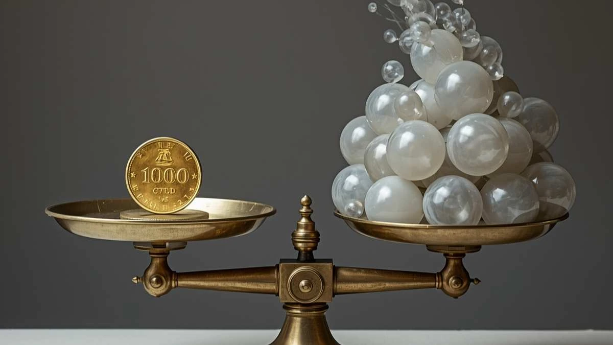 Una bilancia che pesa una moneta d'oro contro una montagna di palloncini trasparenti, metafora della qualità contro la quantità nei social.