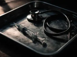 Particolare-di-una-siringa-e-uno-stetoscopio-su-sfondo-scuro_-simbolo-del-tradimento-della-cura-medi